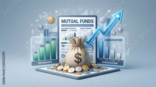Mutual Funds Investment Concept with Money Bags, Coins, Financial Charts, and Global Market Background