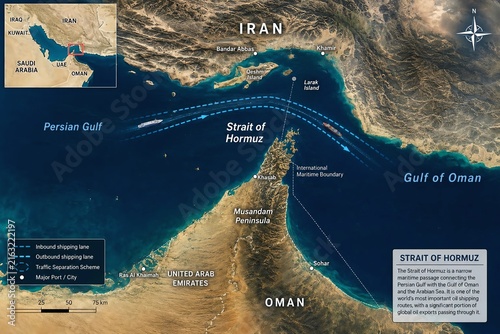 Strait of Hormuz Geopolitical Map Showing Iran, Oman and Persian Gulf Shipping Route