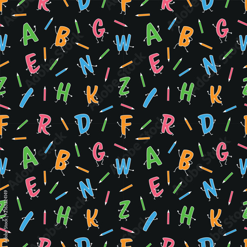 Alphabet Seamless Pattern. Playful Letters with Hands, Legs and Colored Pencils. Colorful ABC Background for Kids, Preschool Education, Classroom Materials, Nursery Decor, Learning activities. Vector