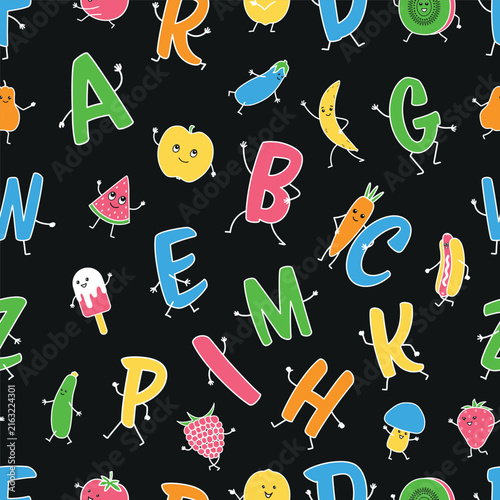 Alphabet Food Seamless Pattern. Playful Letters, Food Characters with Faces. Colorful ABC Background for Kids, Preschool Education, Classroom Materials, Nursery Decor, Learning activities. Vector