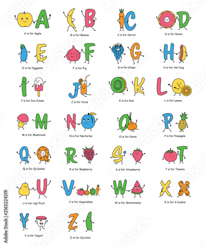 Alphabet featuring Playful Letters, Adorable Food Characters with Funny Faces. Colorful ABC Lettering Set for Kids, Preschool Education, Classroom Materials, Nursery Decor, Learning activities. Vector