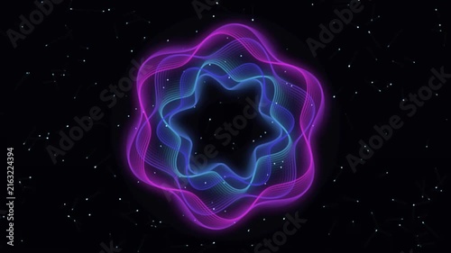 Abstract Neon Wave Flower Frame Motion Graphics, Animated Glowing Particle Geometric Waveform Loop on Dark Background