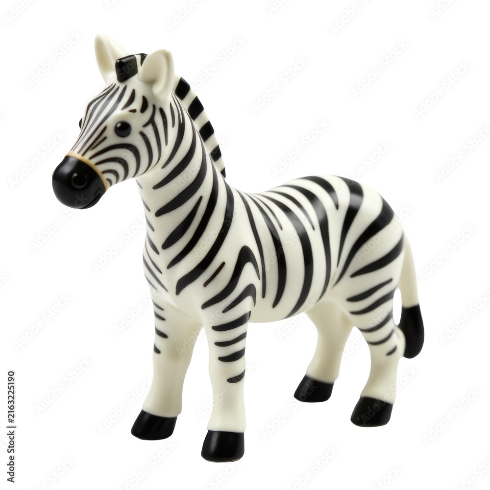 Naklejka premium A plastic toy zebra standing on a white surface, ideal for illustration or design projects