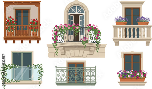 Vintage and Modern Window Balcony Vector Set with Colorful Flowers and Elegant Railings for Architectural Graphics, Home Decor, and European Building Illustrations