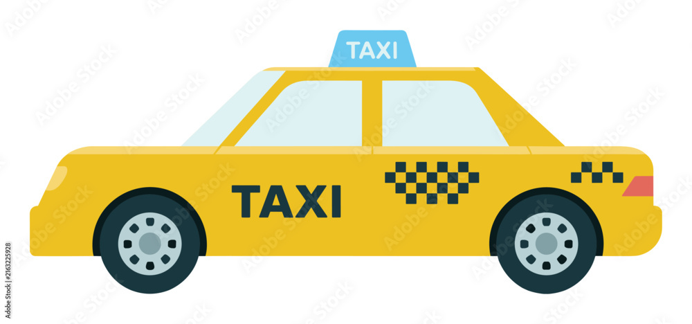 Naklejka premium Yellow Taxi Cab: A classic yellow taxi cab with a lit TAXI sign on top and checkered accents on the side, ready to transport passengers through the city.