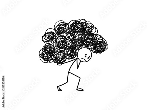 Stick figure carrying heavy tangled mess burden doodle isolated on transparent background. For heavy stress, burnout, emotional burden, psychological pressure, and mental chaos.