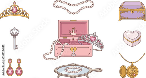 Vintage Princess Jewelry Box Vector Icon Set with Ballerina Music Box Tiara Pearl Necklace Hand Mirror Locket and Crown Key Graphic Elements