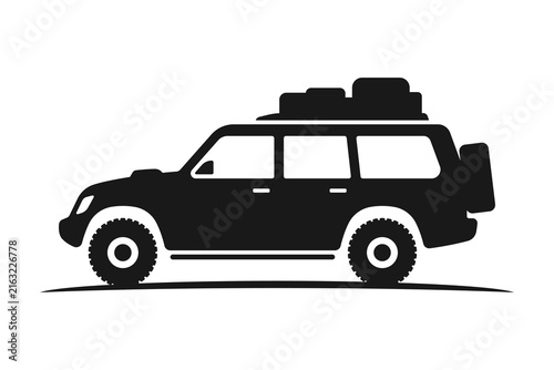 An SUV with a trunk and luggage icon. Black silhouette. Side view. Vector simple flat graphic illustration. Isolated object on a white background. Isolate.
