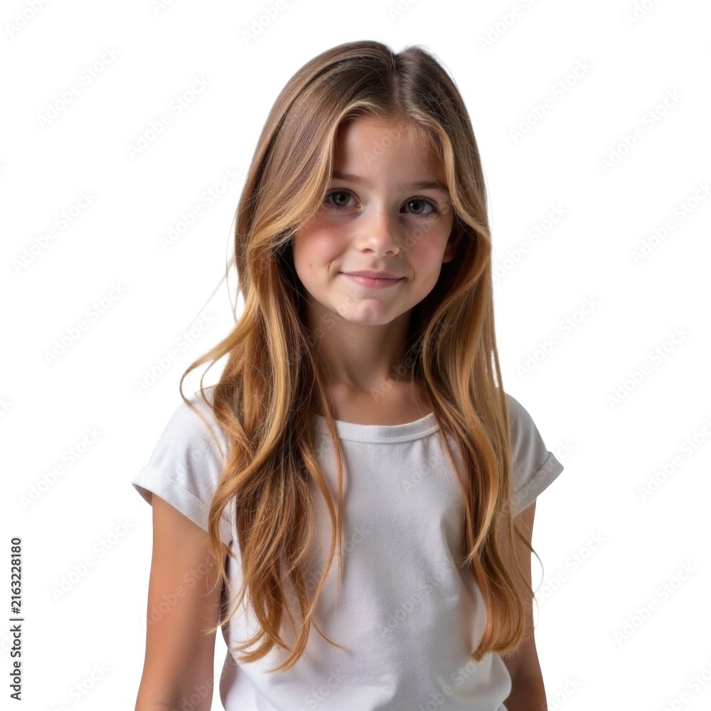 Fototapeta premium A young girl with long hair wearing a white shirt, great for portraits or school projects