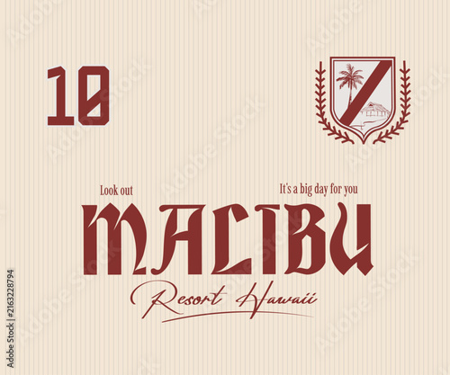 Malibu Typography Slogan With Beach Illustration Embroidery Badge Design. Sporty College Varsity print Design. vintage fashion graphics. men's tee t-shirt design. summer graphic design.