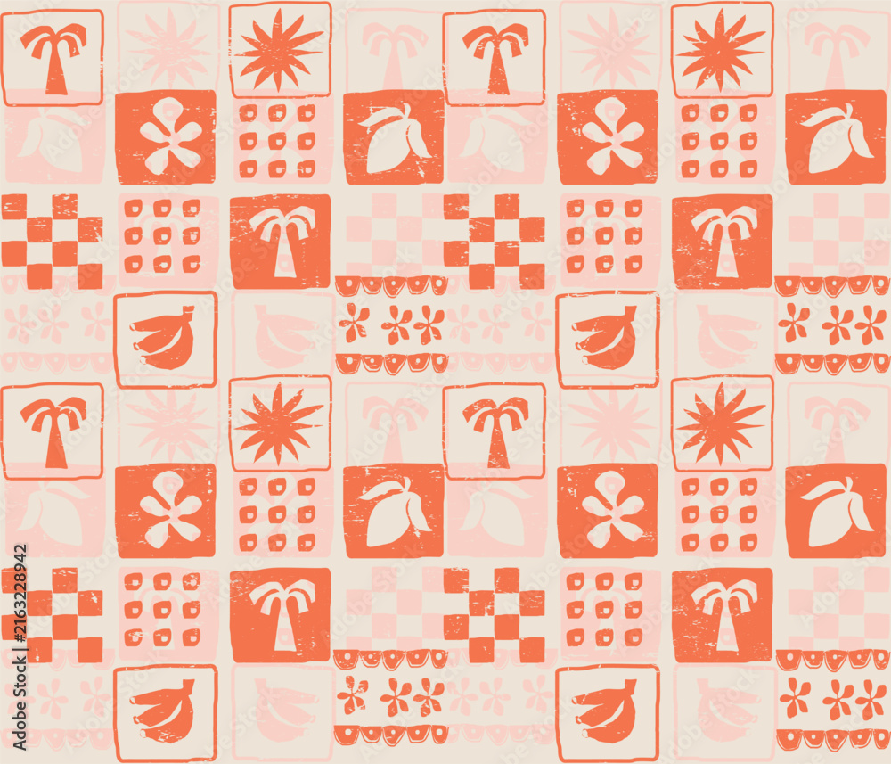 Fototapeta premium High Summer Print Design. Shirt patter design, palm tree, orange, banana, flowers sun together vintage print. boys girls tropical art. minimal motif aesthetic prints.