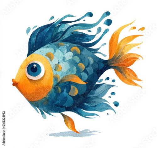 Cute watercolor blue fish cartoon illustration

