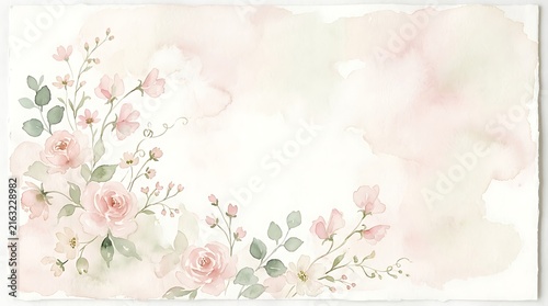 Watercolor painting of delicate pink roses and green leaves on a textured white paper background