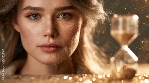 Young woman split face portrait with youthful skin, mature wrinkles, and an hourglass in a warm golden background symbolizing time and aging.