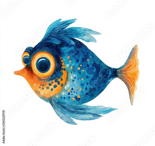 Cute cartoon watercolor blue fish illustration


