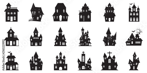 Spooky halloween haunted house silhouettes set collection vector illustration with bats and graveyard elements isolated on white background.