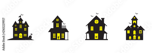 Set of haunted houses with glowing windows for halloween illustration