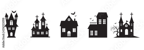 A collection of five different spooky haunted house silhouettes presented as isolated on transparent background
