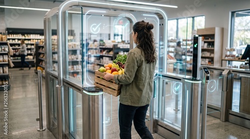 Woman Carrying Wooden Crate of Fresh Produce Through Automated Digital Checkout Gate in Smart Supermarket