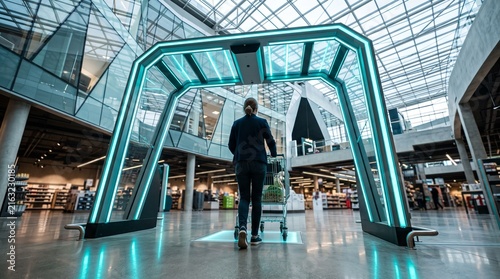 Woman Pushing Shopping Cart Through Large Futuristic Automated Neon Smart Portal in Modern Supermarket