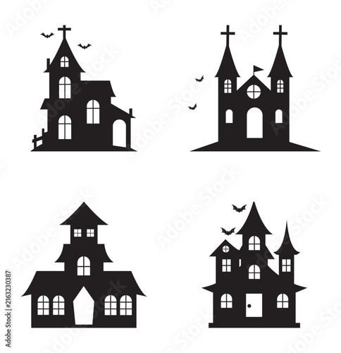 Spooky halloween haunted house silhouettes set collection vector illustration with bats and graveyard elements isolated on white background.