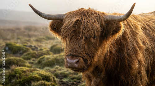 Close up portrait of a fluffy highland cow with long horns in a green grassy scottish field
