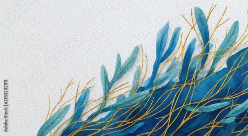 Watercolor blue leaves gold branches background


