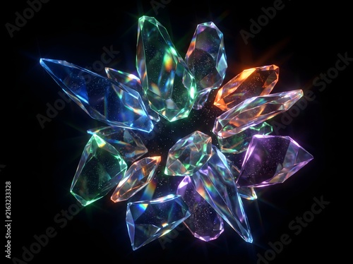 Abstract Crystal Fractal Sphere with Colorful Neon Lights, Glowing Plasma Energy Waves, Glass Diamond Patterns and Vibrant Futuristic Science Art Background
