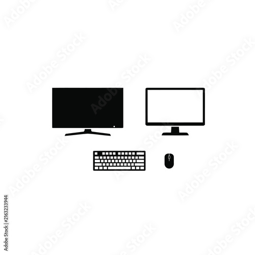 Mechanical keyboard,Monitor,mouse black vector silhouette, isolated on white background