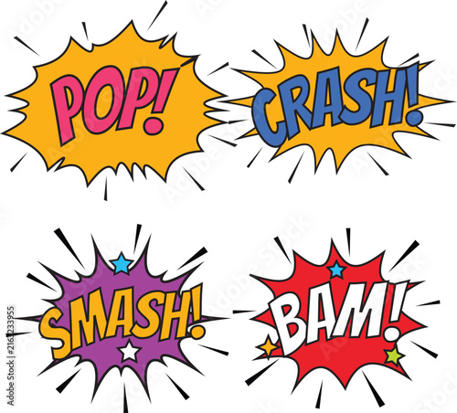Collection of comic book style sound effect word explosions for action and excitement