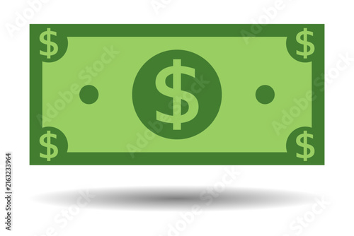 rectangle green dollar banknote icon with shadow on white background.