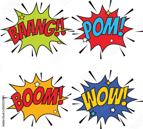 Collection of four colorful comic book style speech bubbles with sound effect words