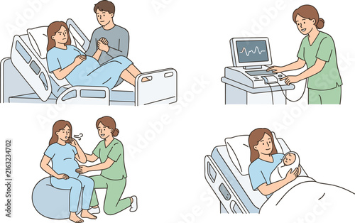 Pregnancy and Childbirth Vector Set with Pregnant Woman giving Birth, Hospital Delivery Room Scenes, Medical Care, and Mother Holding Newborn Baby