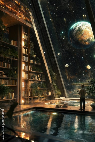 Fantastic view of the Earth from inside a huge house with large windows overlooking the planet. A man stands near the window and looks at the planet earth. Illustration