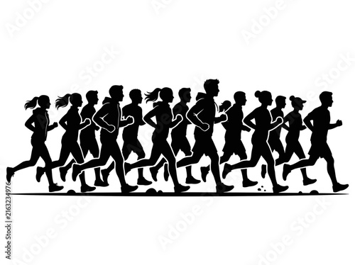 Group silhouette of people running a marathon race together in a graphic illustration style on a plain white background