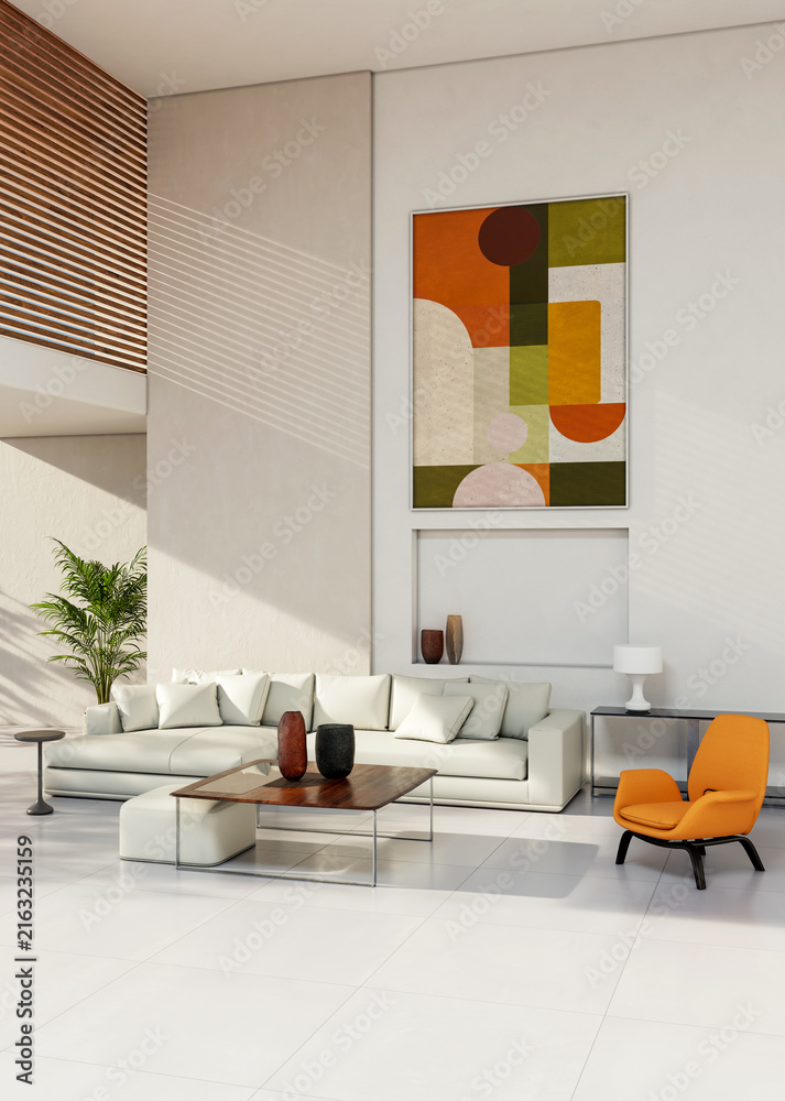 Naklejka premium 3D render, illustration Fan Ventilation Large Luxury modern living room interior, brutalist architecture realistic lighting, Graphic Overlay wide angle, contemporary furniture, clean lines, minimal