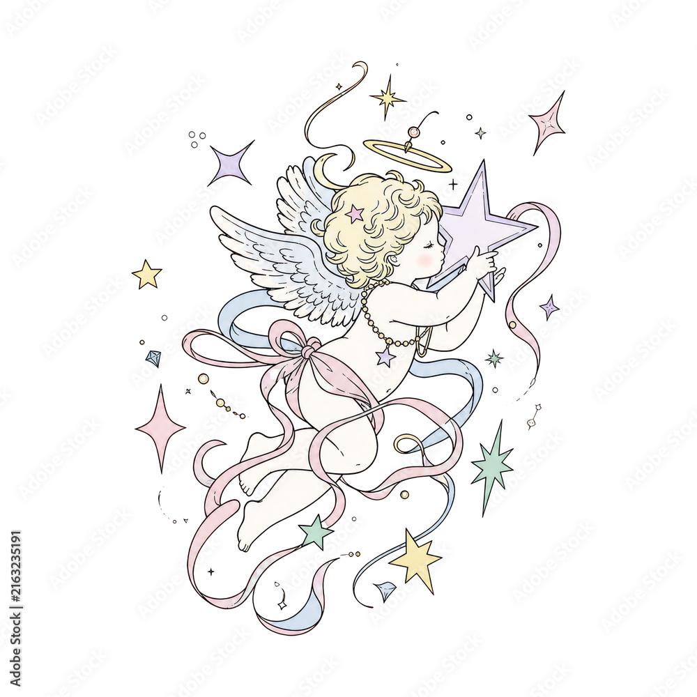 Naklejka premium Cute angelic child with wings holding a star, PNG on transparent background.