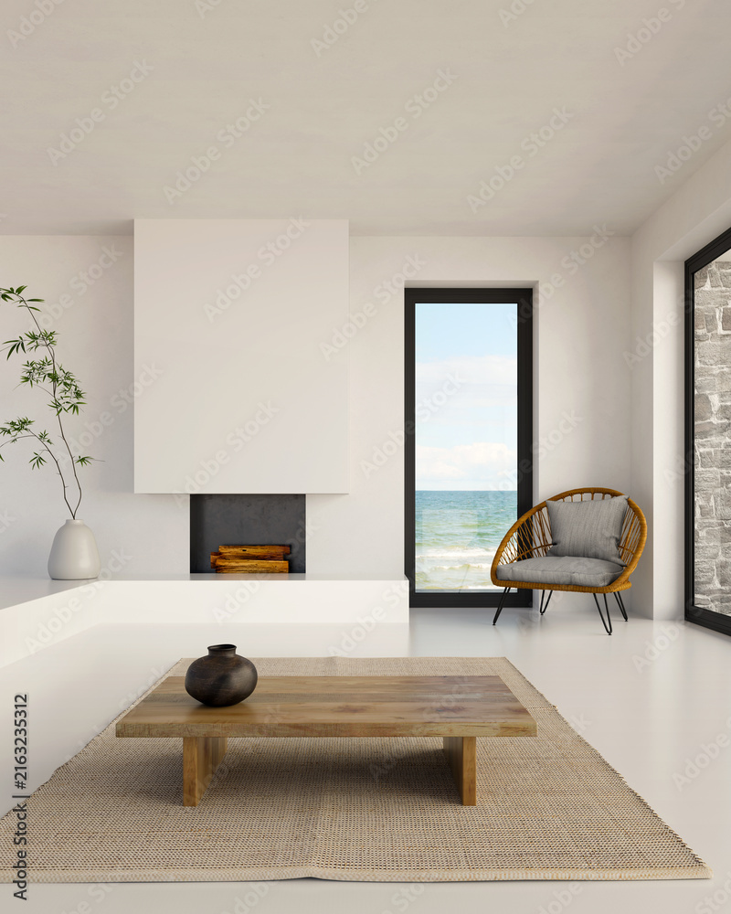 Naklejka premium 3D render, illustration Fan Ventilation Large Luxury modern living room interior, brutalist architecture realistic lighting, Graphic Overlay wide angle, contemporary furniture, clean lines, minimal