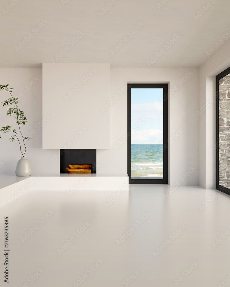 Naklejka premium 3D render, illustration Fan Ventilation Large Luxury modern living room interior, brutalist architecture realistic lighting, Graphic Overlay wide angle, contemporary furniture, clean lines, minimal