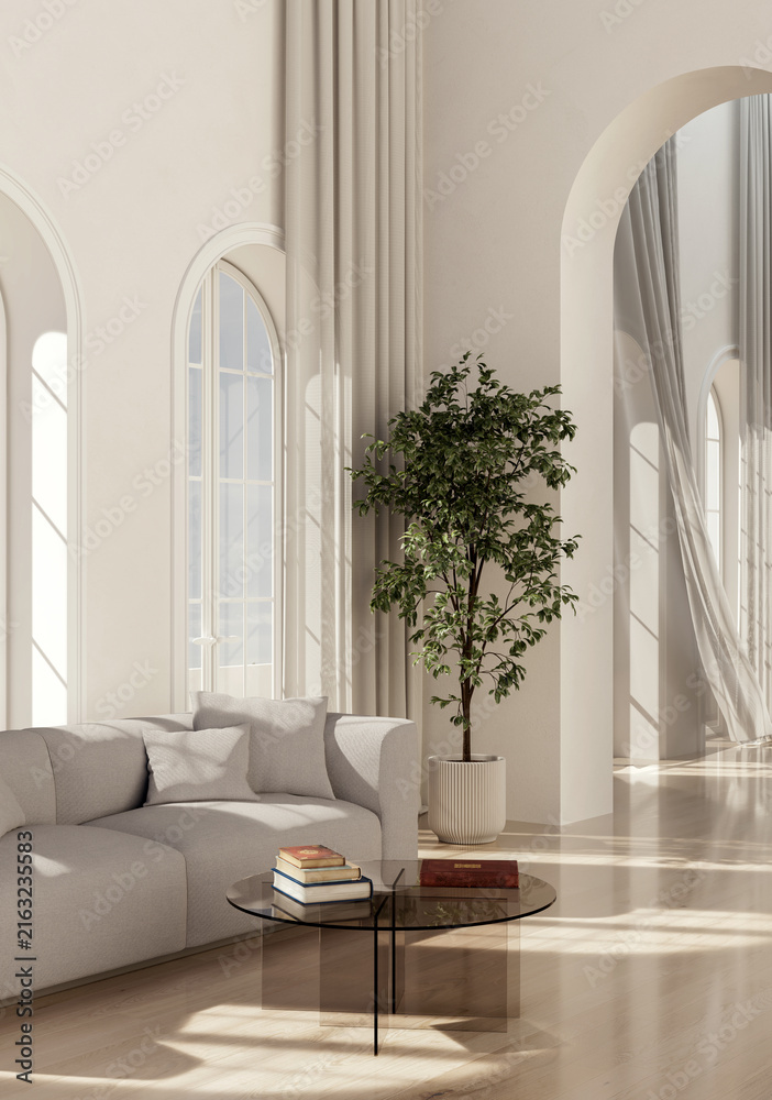 Fototapeta premium 3D render, illustration Fan Ventilation Large Luxury modern living room interior, brutalist architecture realistic lighting, Graphic Overlay wide angle, contemporary furniture, clean lines, minimal
