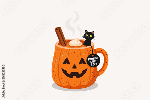 Pumpkin Spice Cozy Halloween Pumpkin Mug with Black Cat Vector Illustration