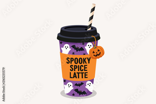 Spooky Spice Latte Halloween Purple Coffee Cup with Ghosts Vector Illustration