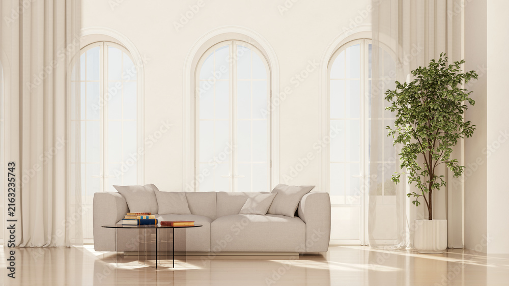 Fototapeta premium 3D render, illustration Fan Ventilation Large Luxury modern living room interior, brutalist architecture realistic lighting, Graphic Overlay wide angle, contemporary furniture, clean lines, minimal