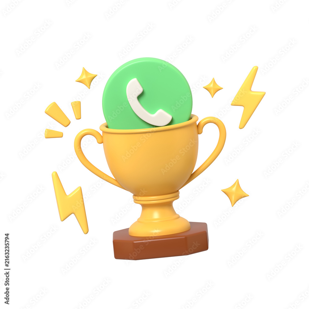 Obraz premium A 3D golden trophy cup with a green telephone icon symbol inside surrounded by yellow flash and star shapes against a for communication success award.3d render
