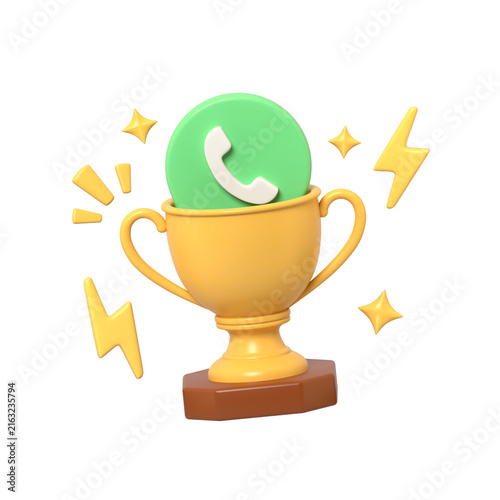 A 3D golden trophy cup with a green telephone icon symbol inside surrounded by yellow flash and star shapes against a for communication success award.3d render