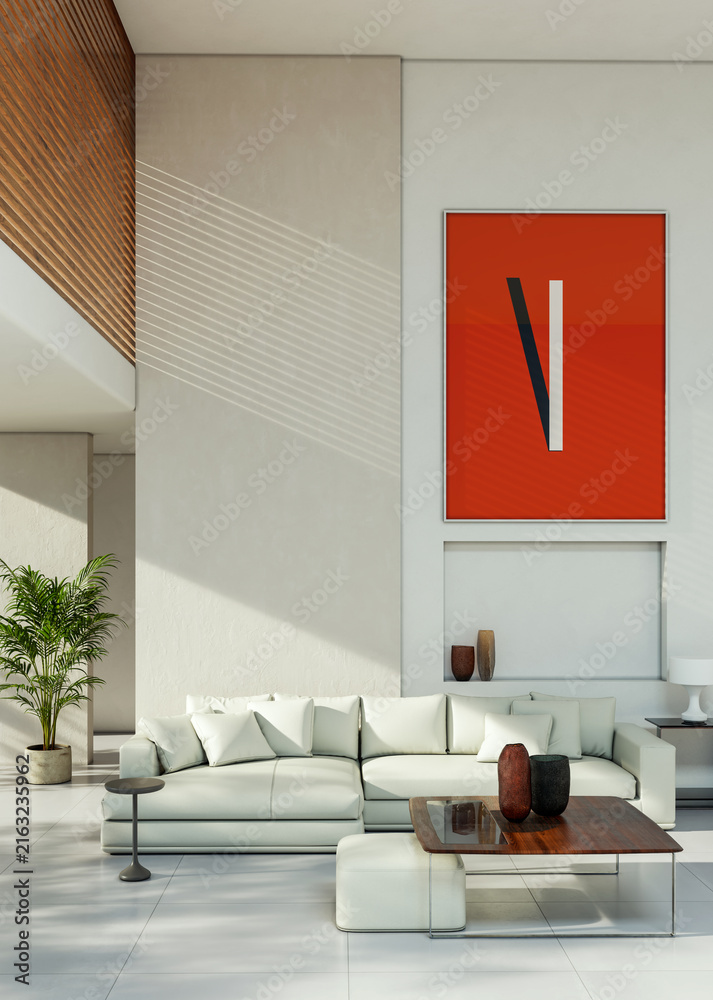 Fototapeta premium 3D render, illustration Fan Ventilation Large Luxury modern living room interior, brutalist architecture realistic lighting, Graphic Overlay wide angle, contemporary furniture, clean lines, minimal