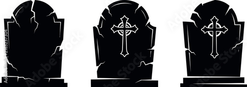 Spooky Halloween gravestones set, cracked stone tombstones with celtic crosses, 3 black cemetery headstone vectors for gothic designs