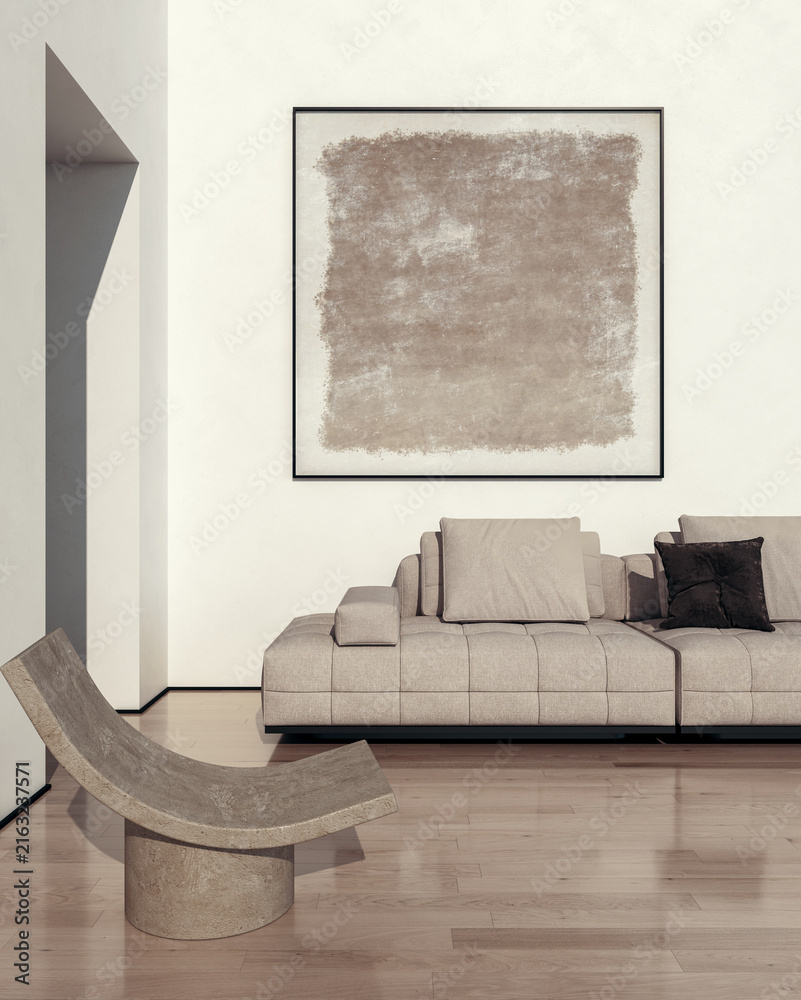 Fototapeta premium 3D render, illustration Fan Ventilation Large Luxury modern living room interior, brutalist architecture realistic lighting, Graphic Overlay wide angle, contemporary furniture, clean lines, minimal