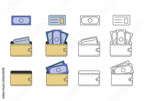 Cash wallet icons featuring linear outlines and colored banking symbols