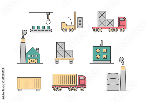 Factory logistics and supply chain industrial icon set for manufacturing